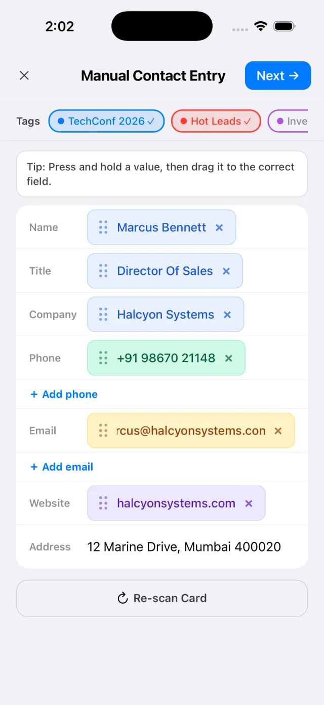 CardAction contact review screen with editable name, title, company, phone, email and address fields