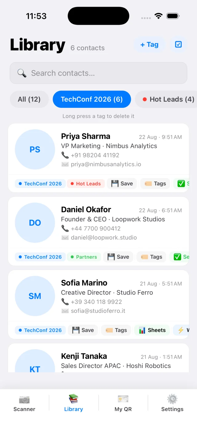 CardAction contact library filtered with TechConf 2026 and Hot Leads event tags