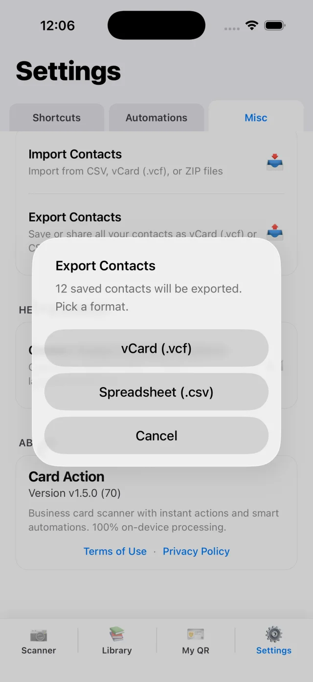 CardAction Export Contacts menu with Spreadsheet (.csv) selected as an available format