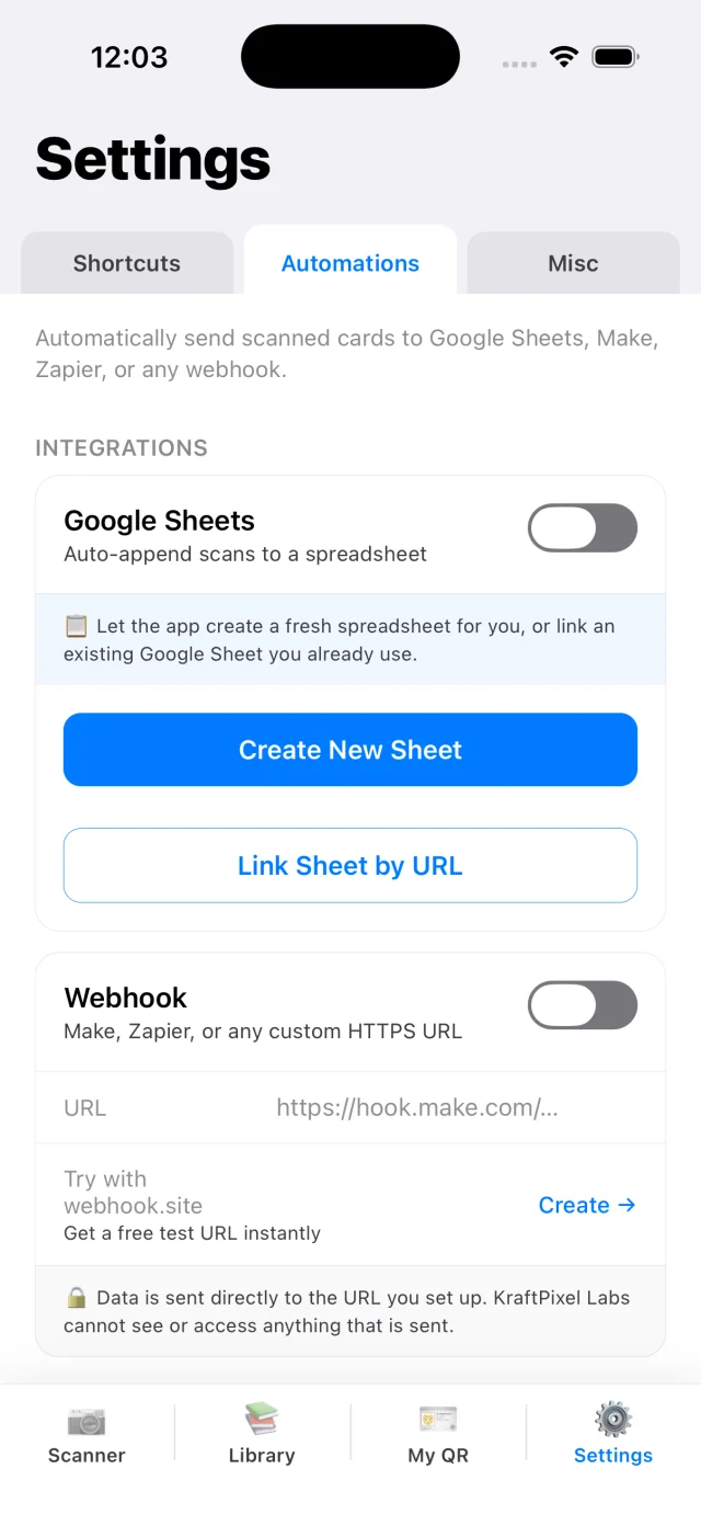 CardAction Google Sheets settings with Create New Sheet and Link Sheet by URL options