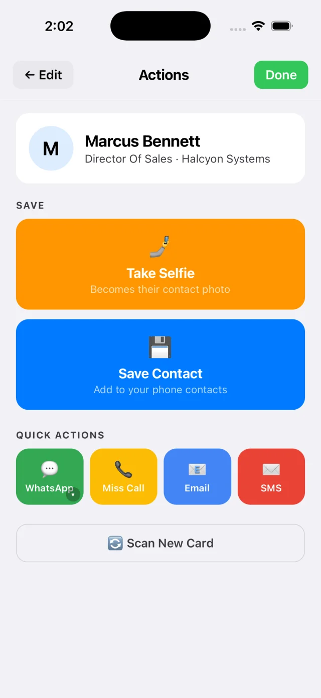 CardAction on iPhone showing Save Contact, WhatsApp, Call, Email and SMS actions after a card scan