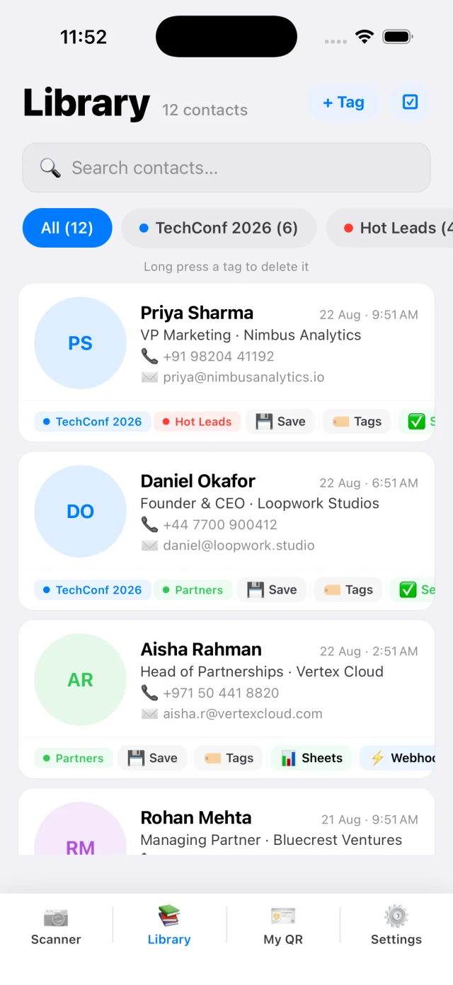 CardAction local contact library with saved names, companies and event tags