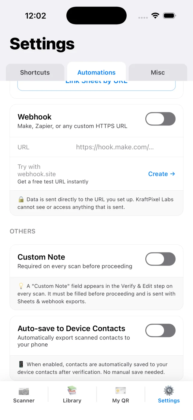 CardAction settings with optional Google Sheets and webhook integrations switched off