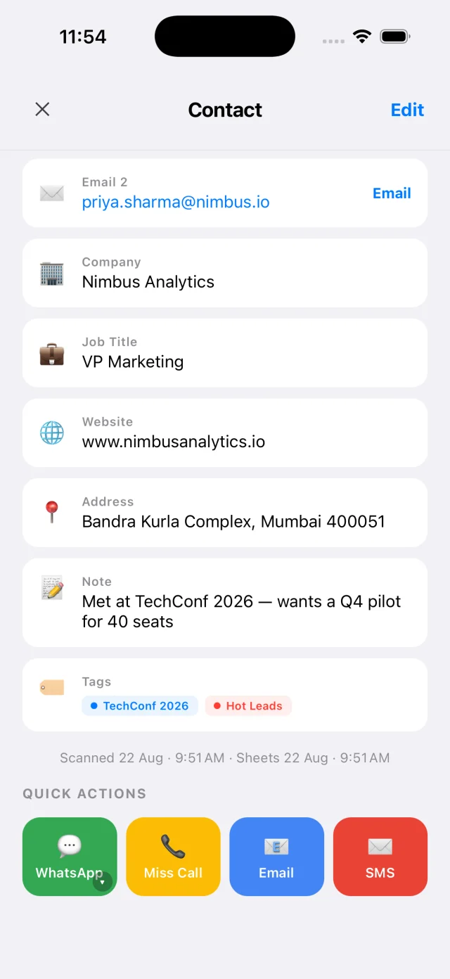 CardAction contact detail showing a conversation note, event tags and WhatsApp and email actions